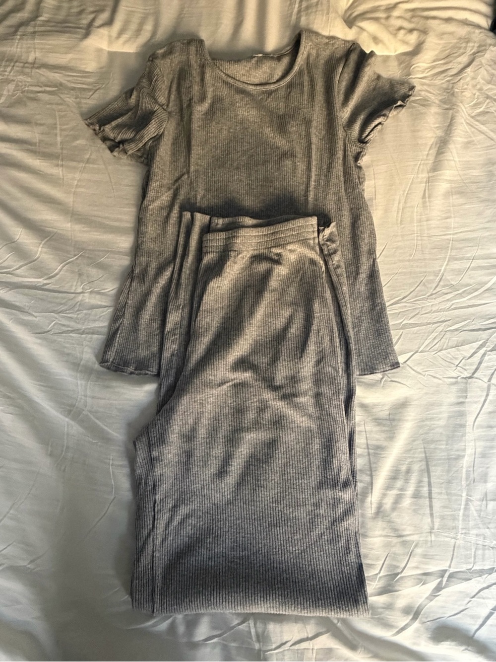 H&M Ribbed Short-Sleeve Top and Wide-Leg Pants Set - Gray